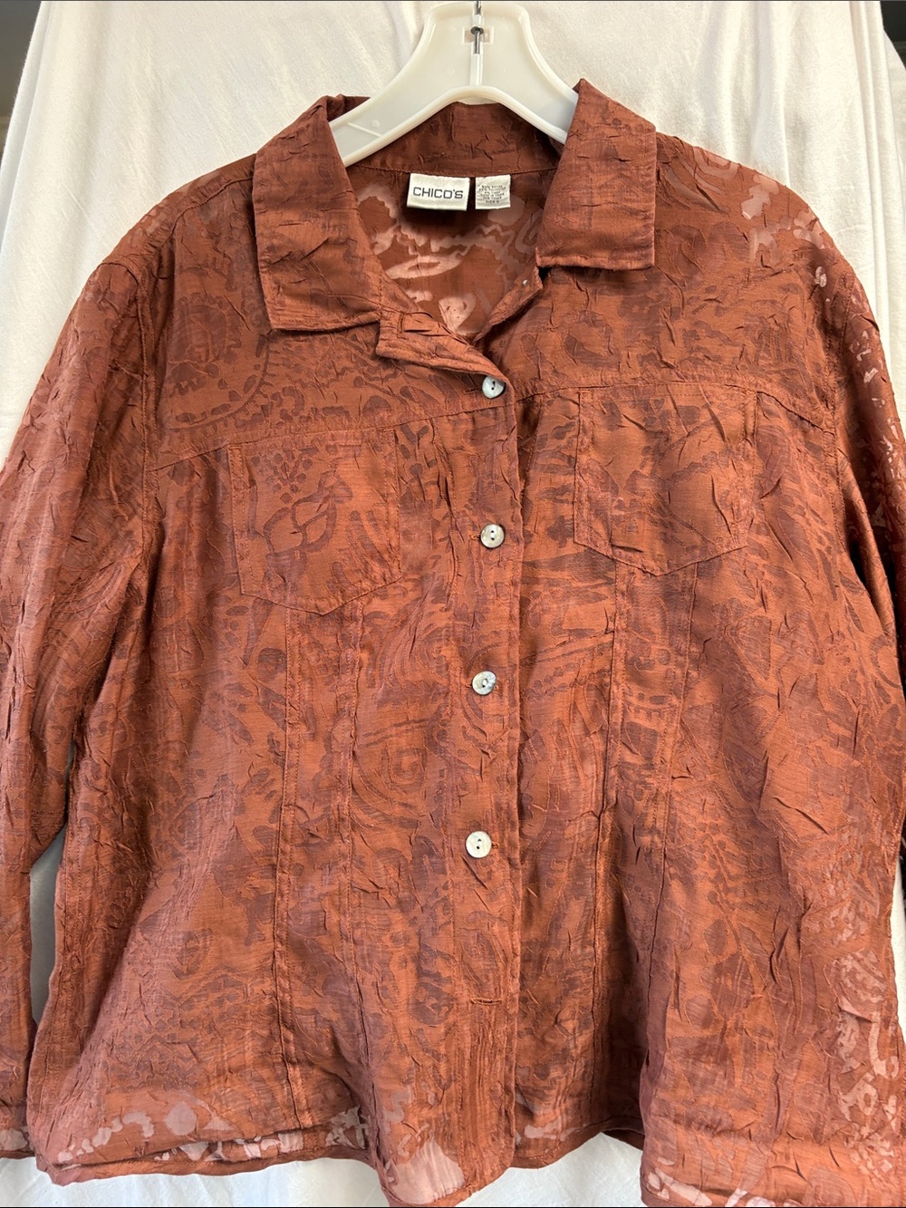 Chico's Rust Jacquard Button-Front Blouse